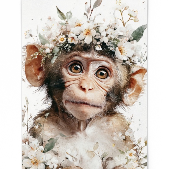 Watercolor Floral Monkey Portrait Wall Art Print Unframed - Playful Jungle Charm - Picture 2 of 6